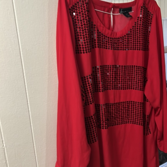 Red long sleeve blouse with sequins accent. - Picture 2 of 3